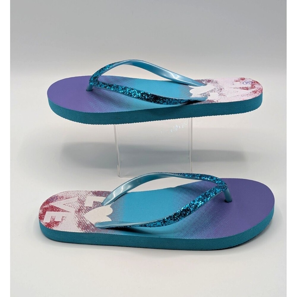 Glitter Flip Flops Women's 5.5/6  Blue Purple Love Graphic Sandals Sparkling